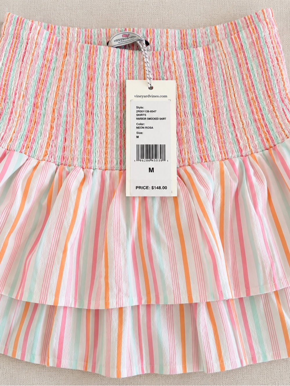 Vineyard Vines Neon Rosa Striped Smocked Tiered Mini Skirt